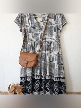 Maeve Anthropologie Black & White Geometric Tiered Dress Size M